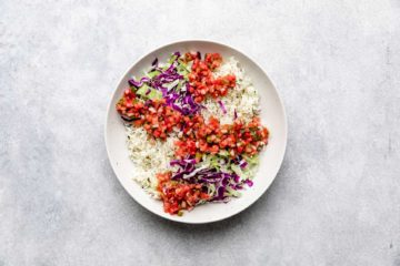 Pico, cabbage, and rice in a bowl.