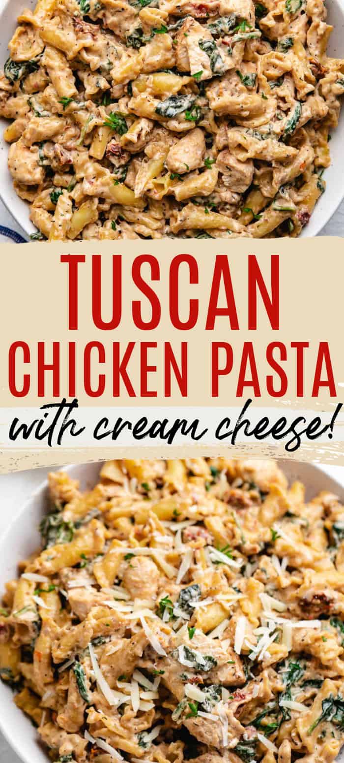 Two photos of tuscan chicken pasta in a collage.