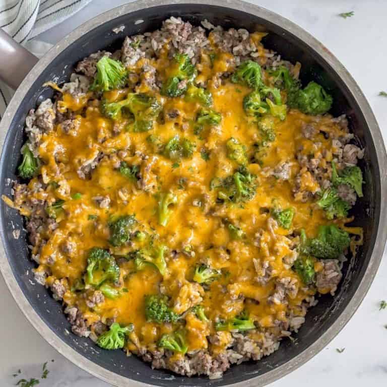 Skillet filled with ranch flavored ground beef and rice.