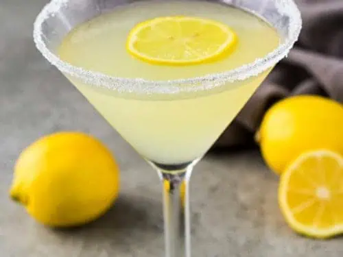 Lemon drop cocktail in a martini glass.