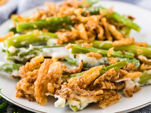 Green bean casserole on a white plate.