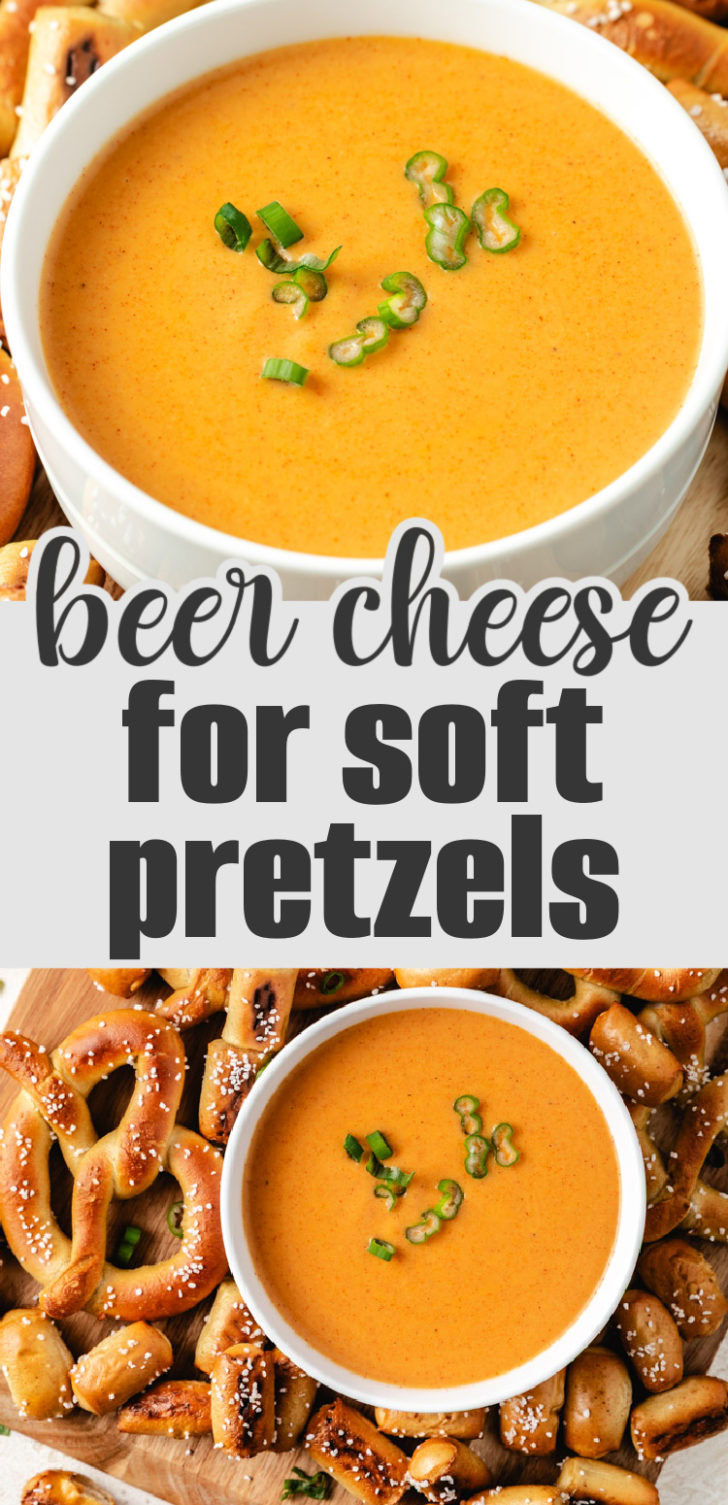 A white bowl filled with beer cheese dip, topped with green onions, and surrounded by soft pretzels and pretzel bites.