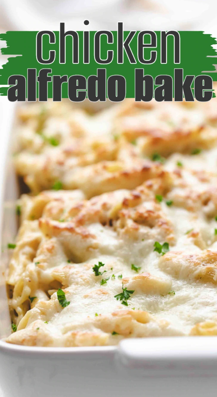 Pan filled with baked chicken alfredo.