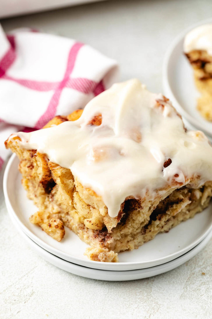 Angled view of cinnamon roll french toast bake.