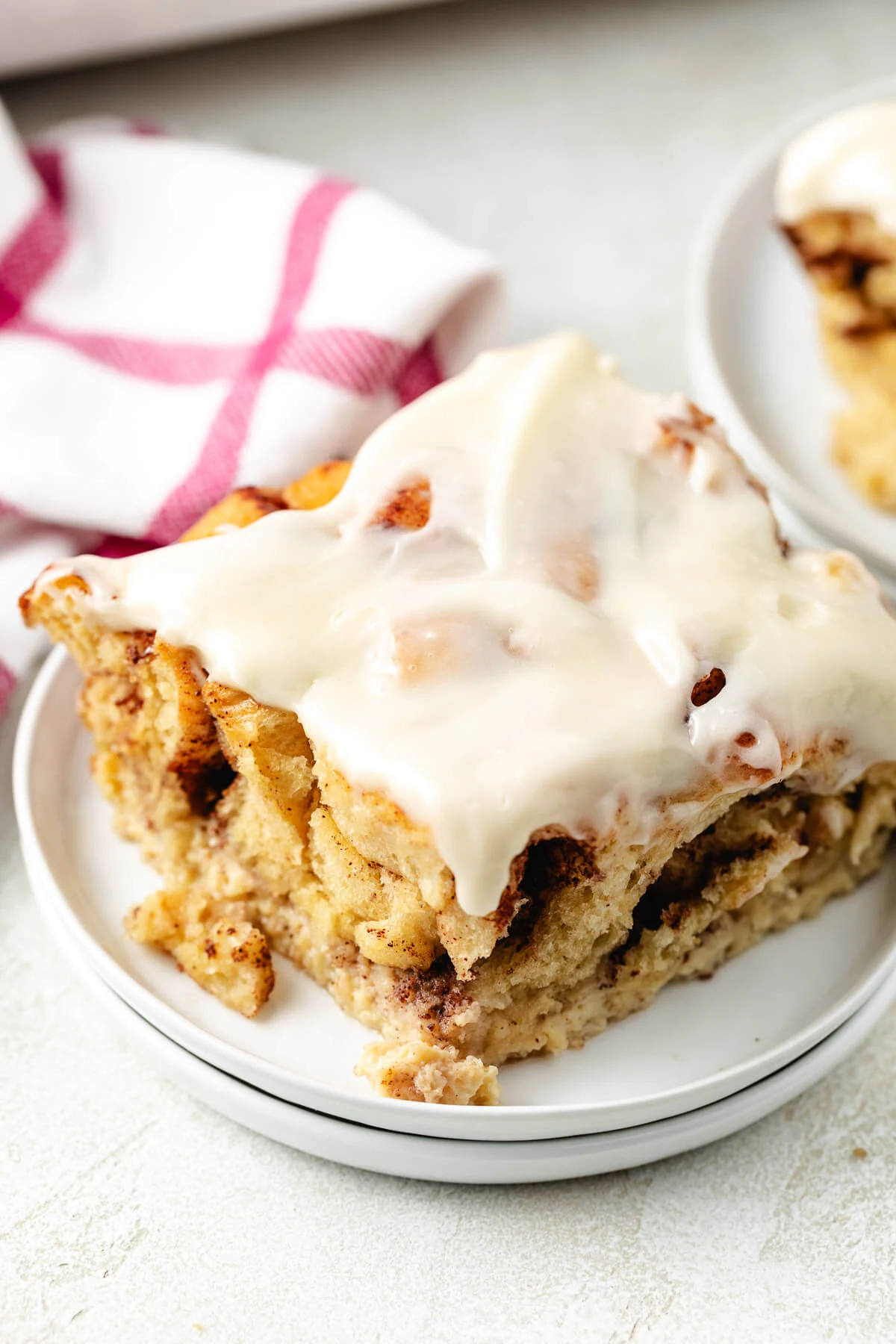 Angled view of cinnamon roll french toast bake.