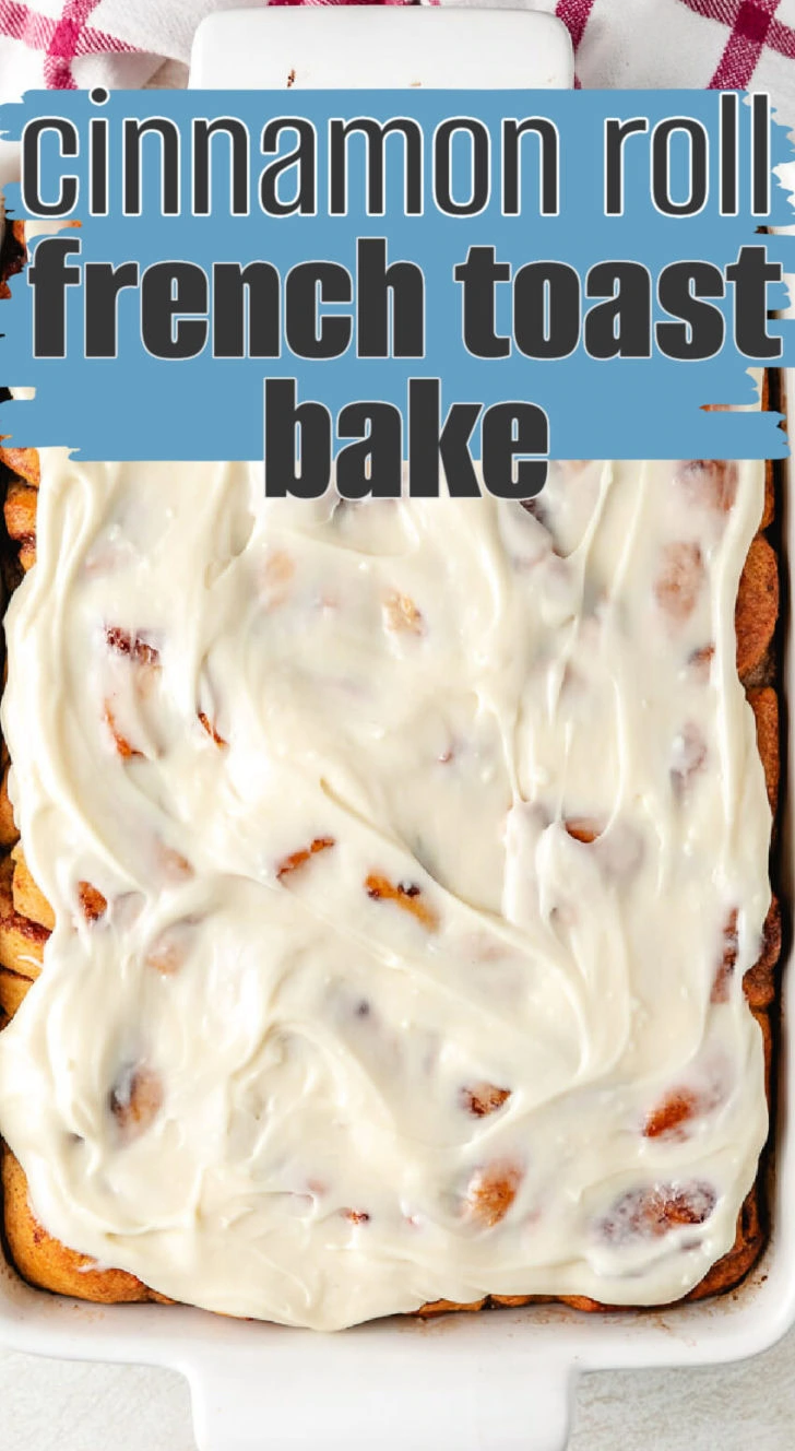 Top down view of cinnamon roll bake in a white dish.