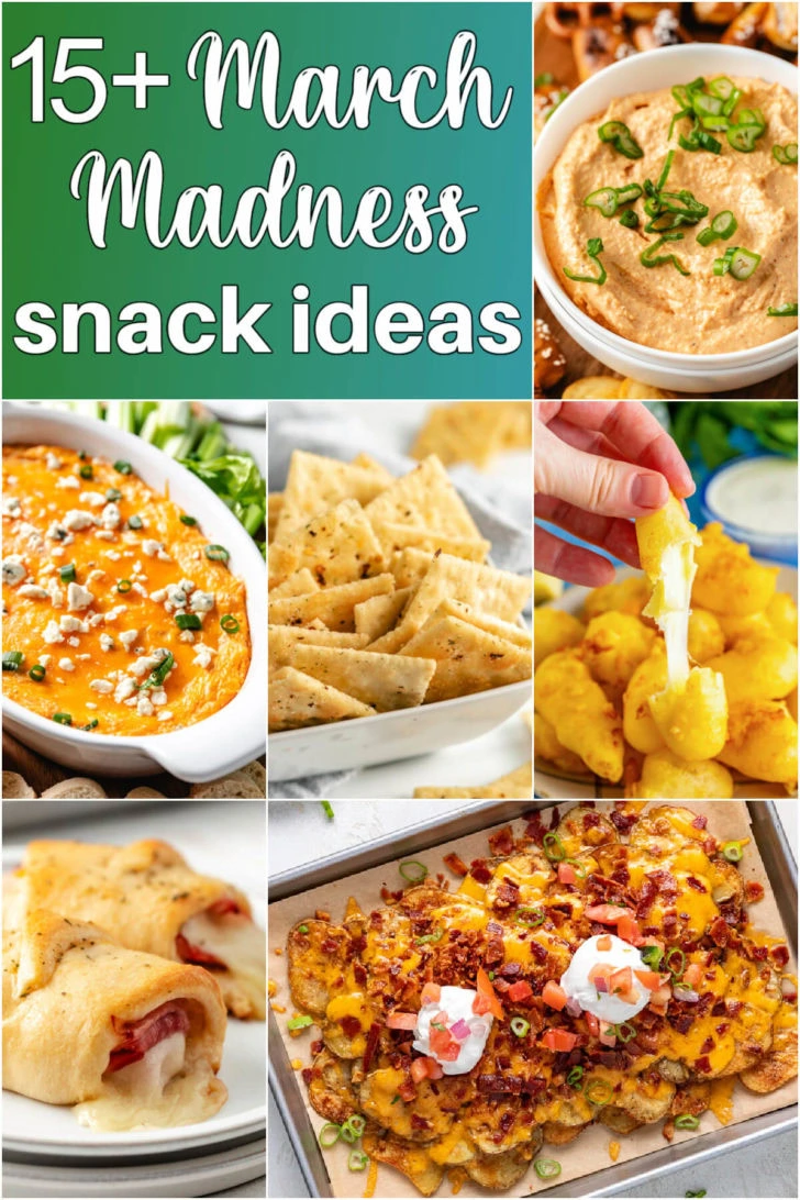 Collage showing various photos of snacks and appetizers.