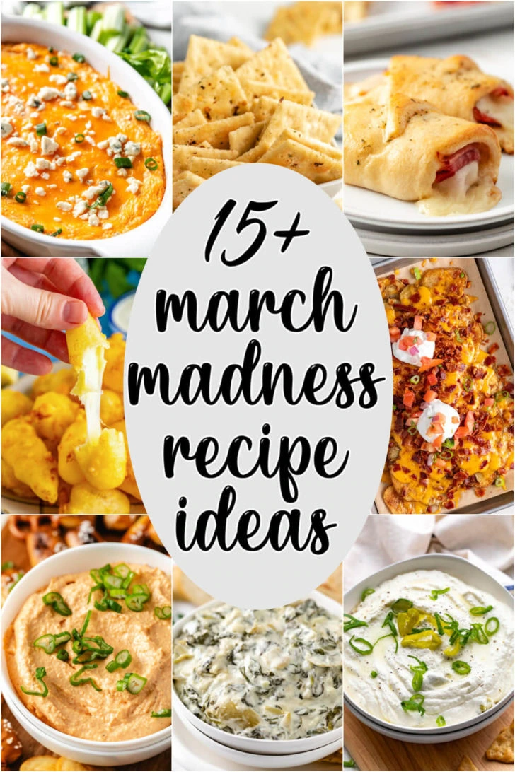 Collage of photos showing march madness snacks.
