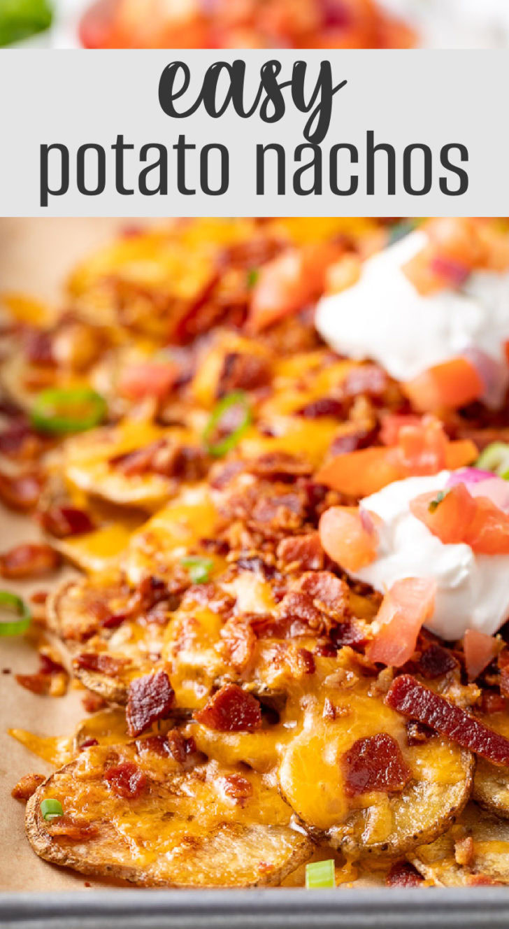A zoomed-in shot of potato nachos with layers of melted cheese.