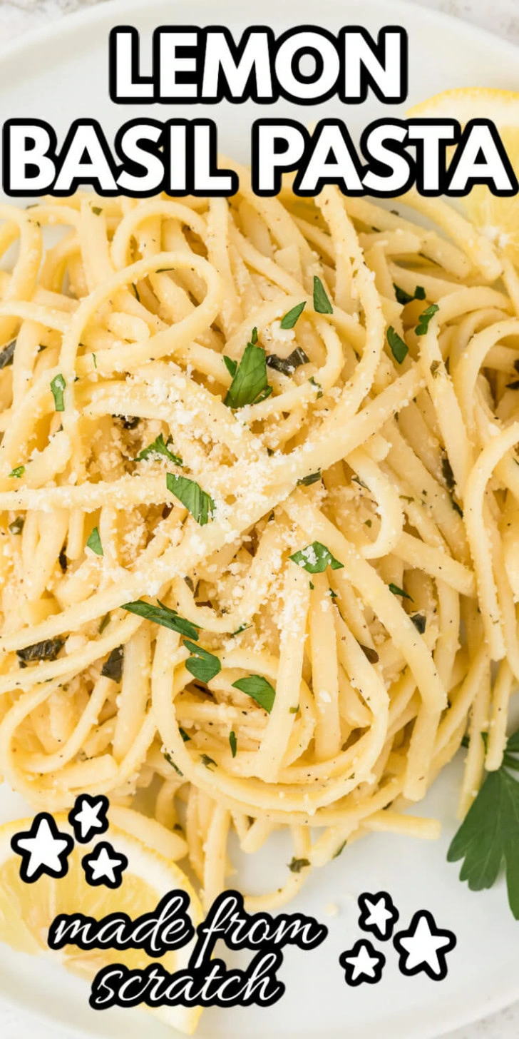 Lemon basil pasta on a white plate.