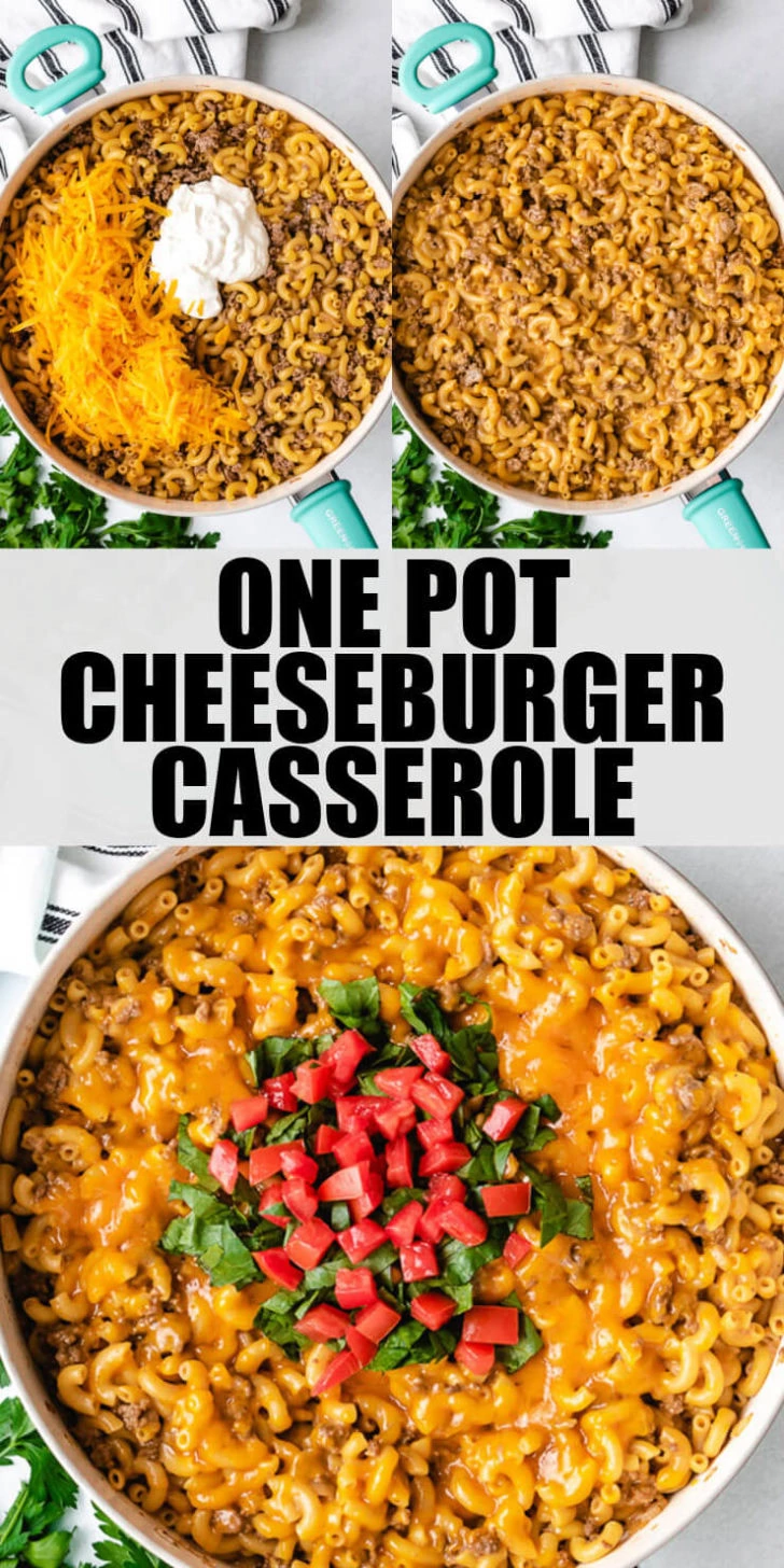 Collage showing various photos of cheeseburger casserole.