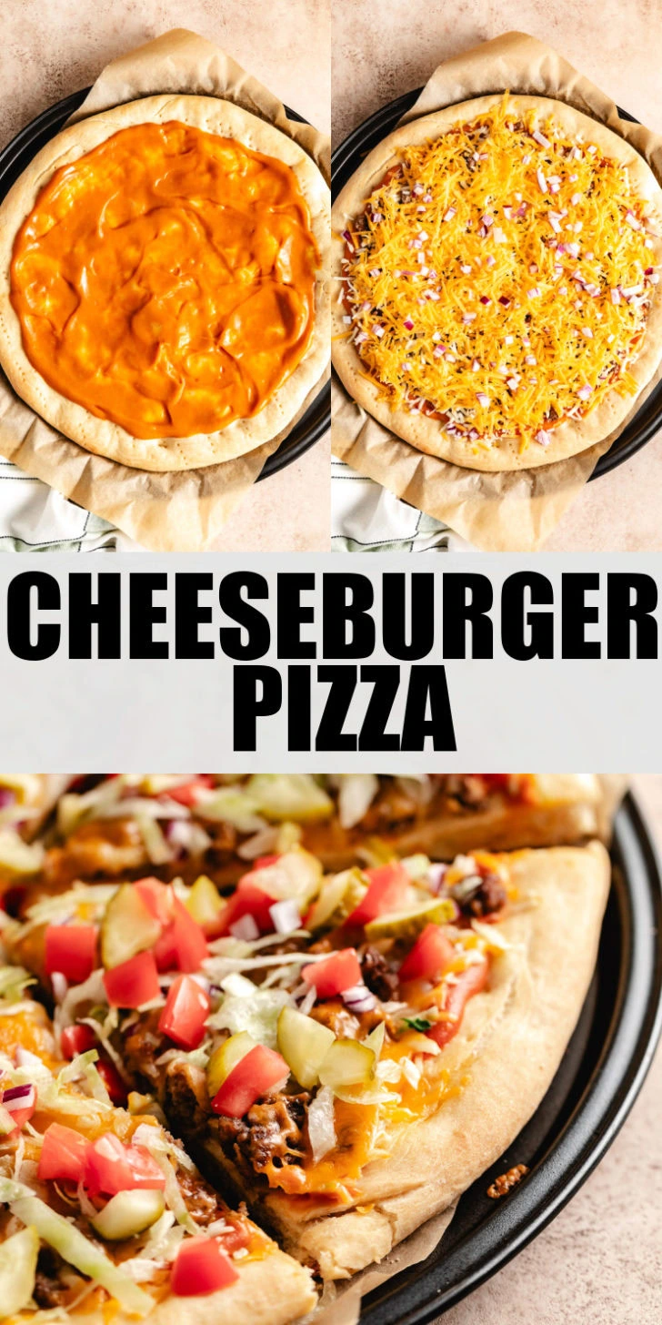 Cheeseburger pizza with toppings and seasoned beef.