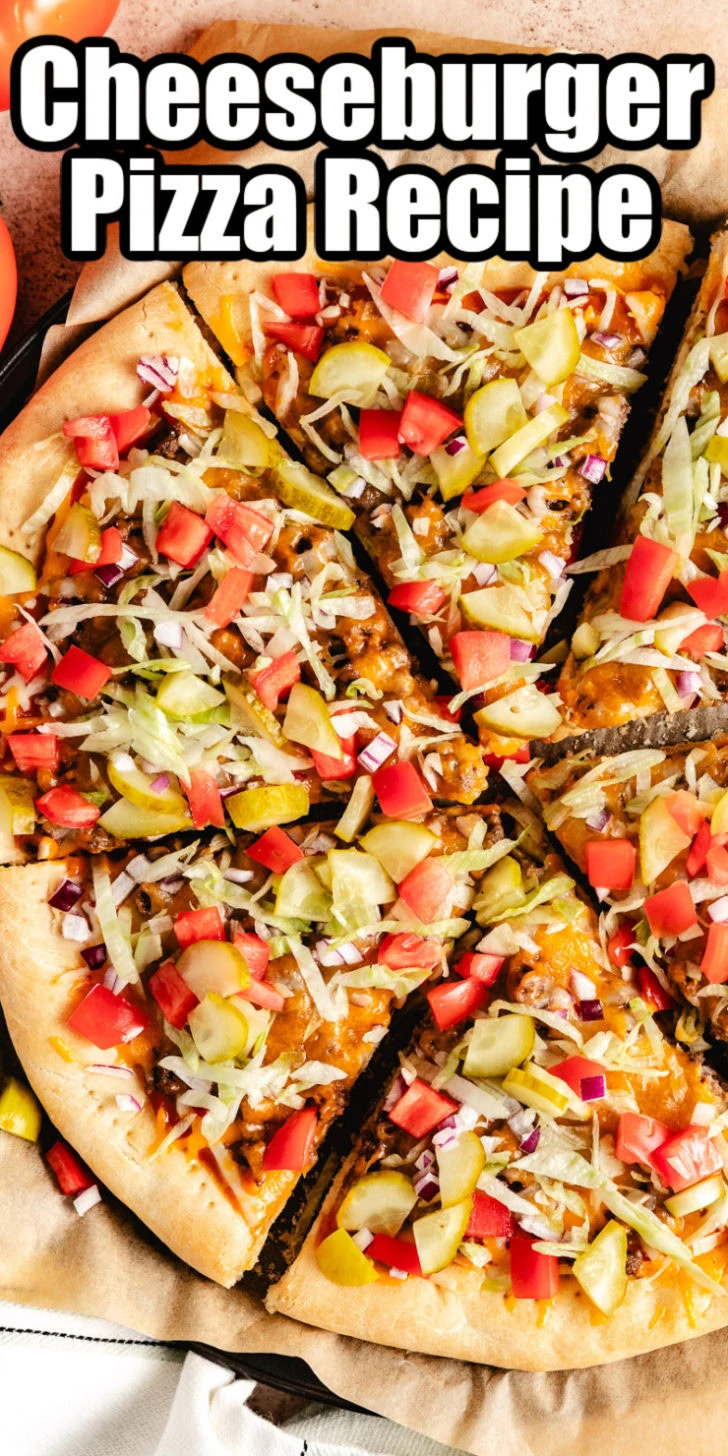 Cheeseburger pizza recipe with toppings.