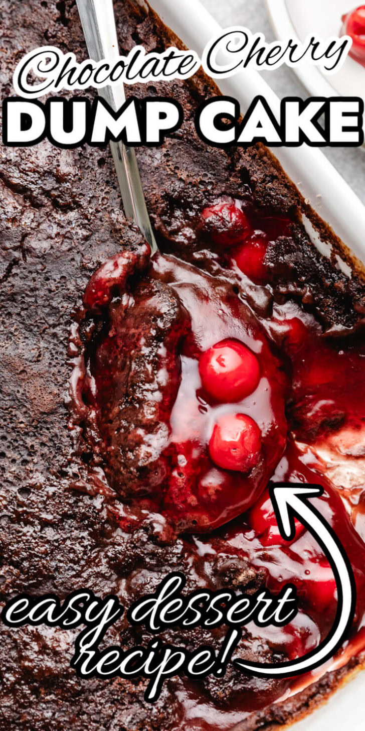 Close up view of a chocolate cherry cake in a pan.