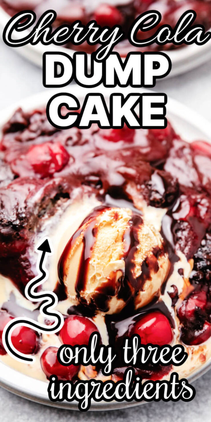 Cherry cola dump cake on a plate with ice cream.