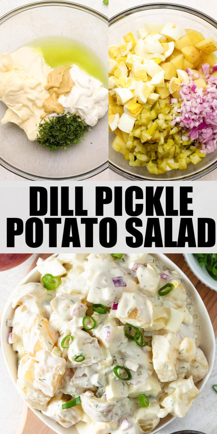 Overhead view of dill pickle potato salad in a bowl.