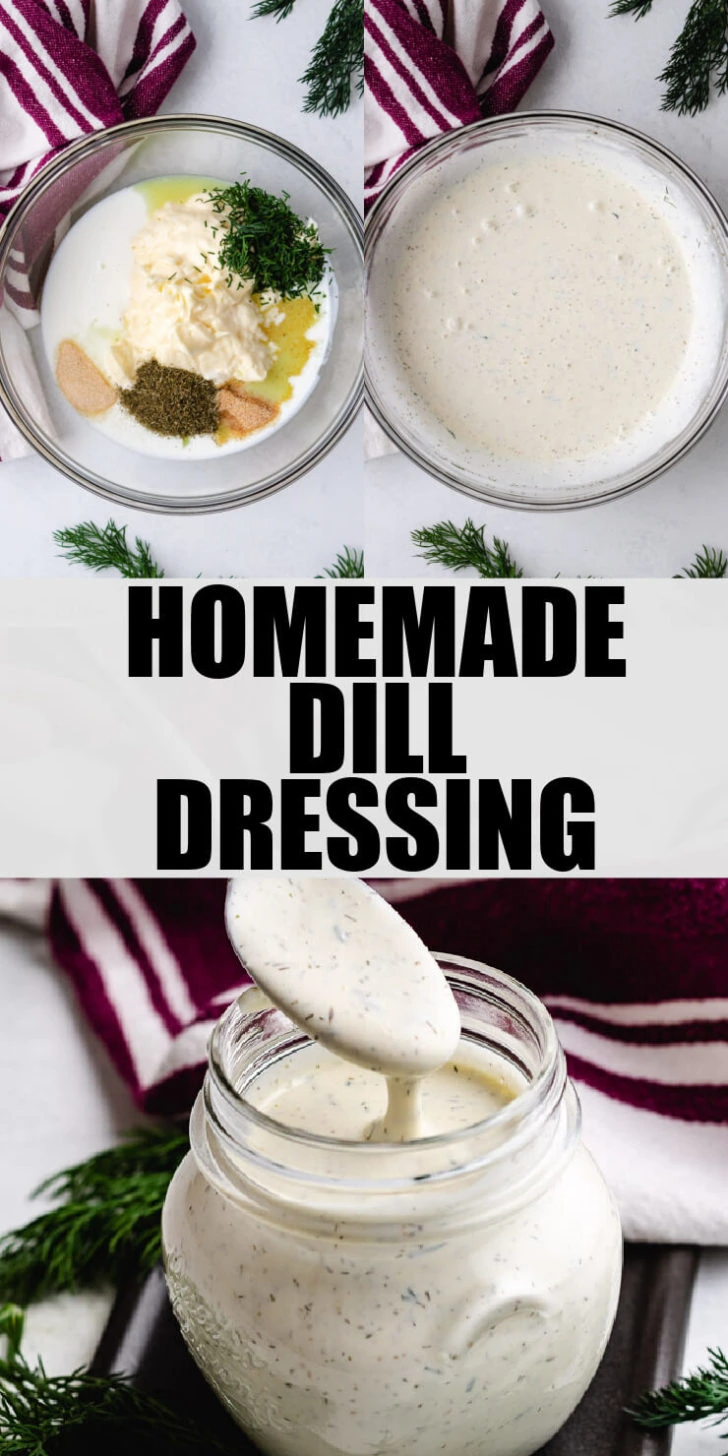 Collage showing photos of dill salad dressing.