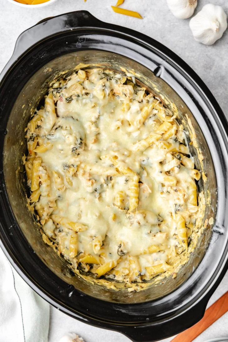 Overhead view of a slow cooker filled with creamy chicken pasta.