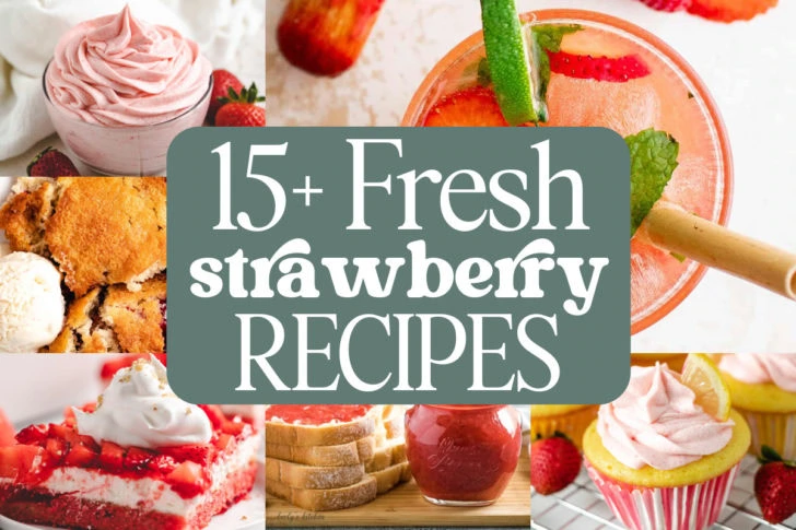 Collage showing various strawberry recipes.