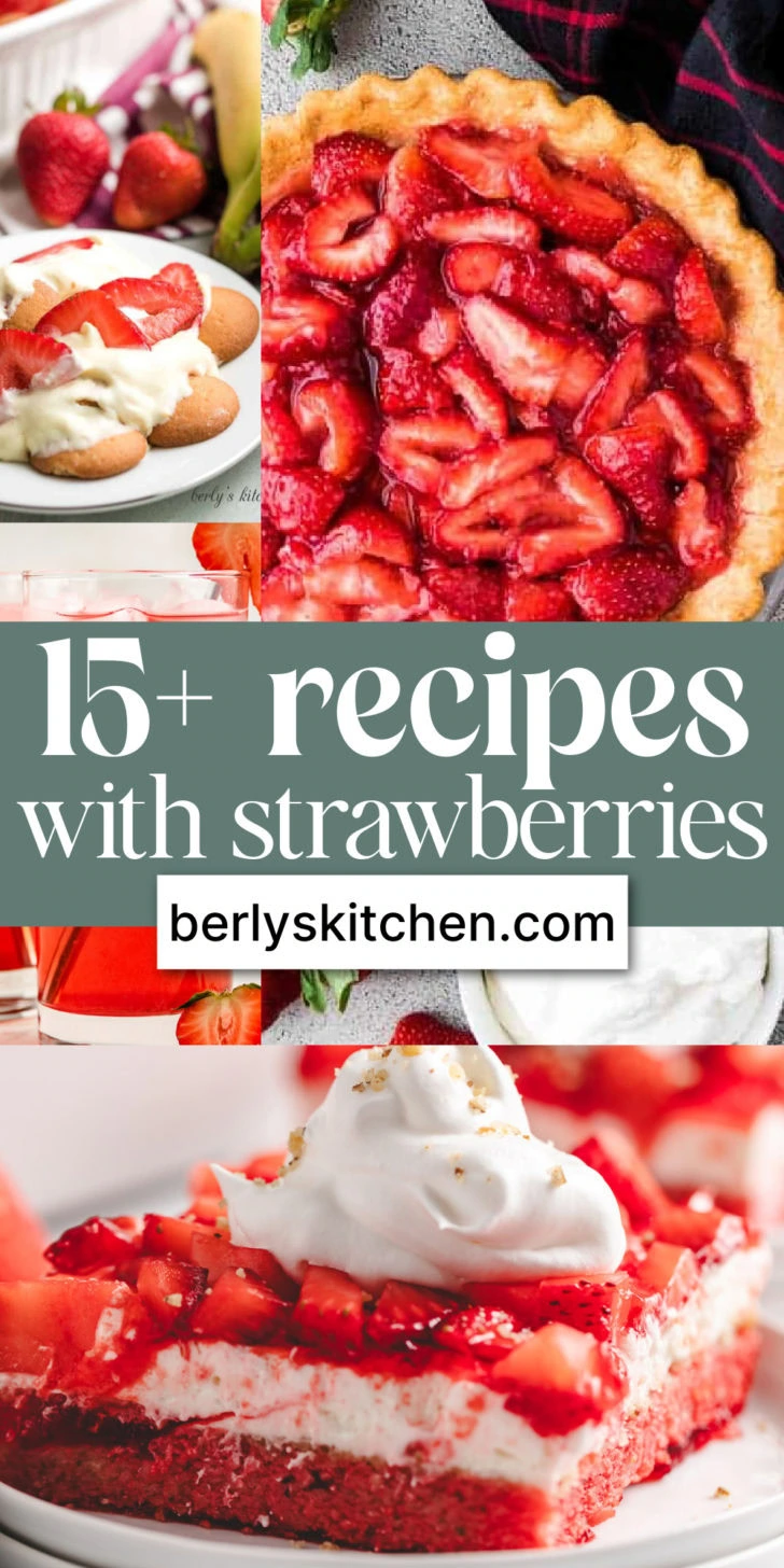 Collage showing various photos of recipes with strawberries.