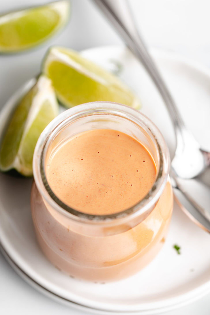Overhead view of chipotle sauce in a jar.