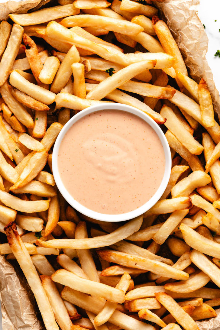 Overhead view of utah fry sauce next to fries.