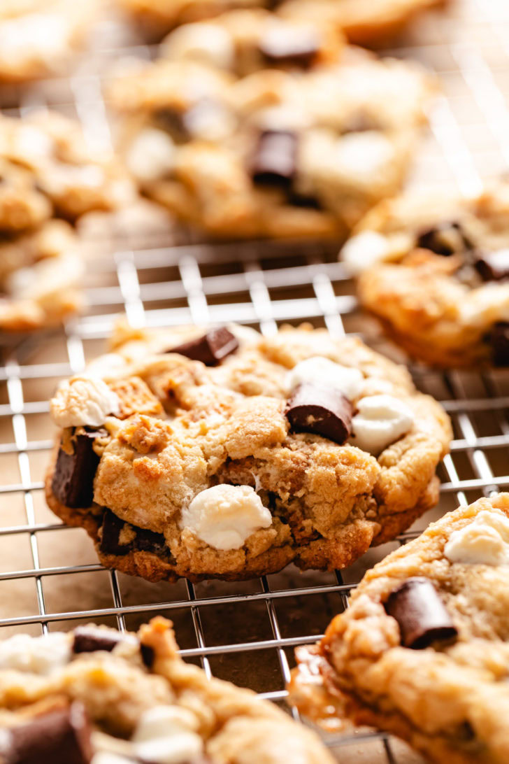 S'mores Cookies Batch of s'mores cookies on a cooling rack.