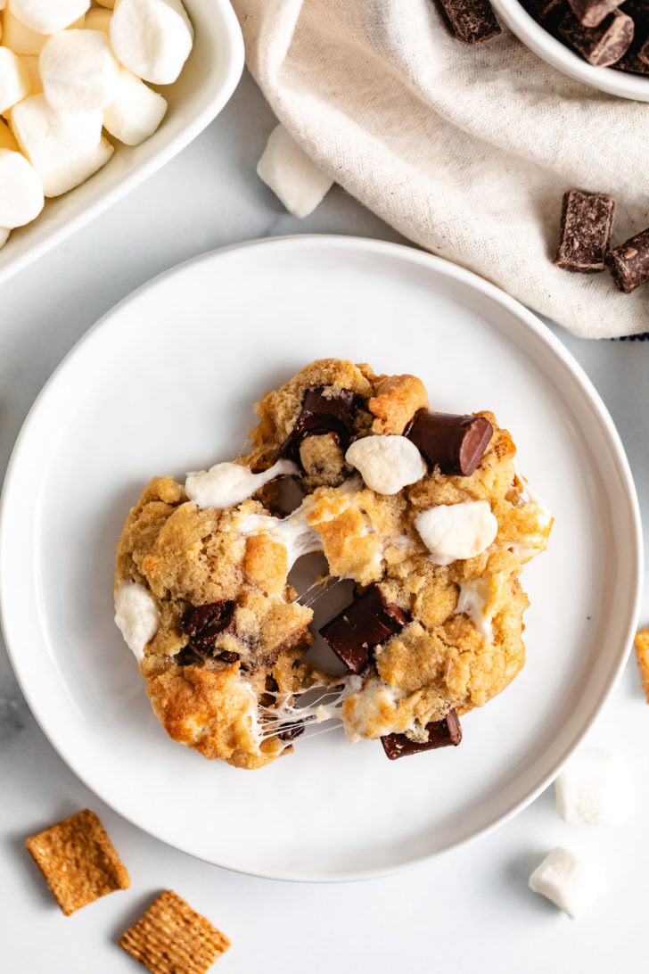 Overhead view of a melted marshmallow in a cookie.