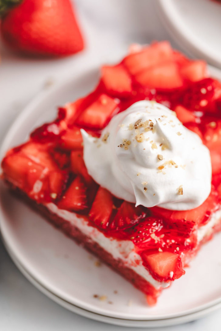 Overhead view of strawberry layered dessert.