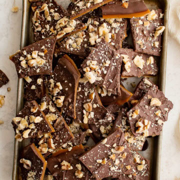 Overhead view of english toffee on a tray.