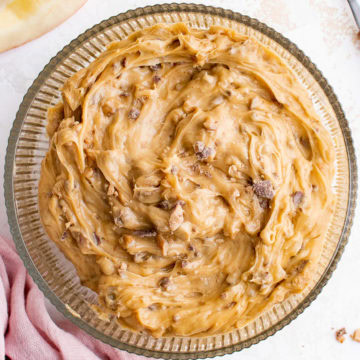 Close up view of toffee apple dip in a bowl.