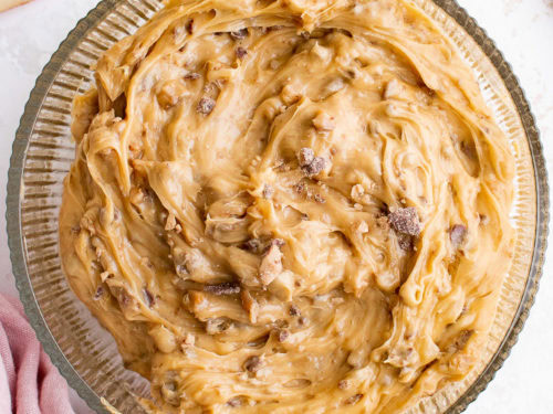 Close up view of toffee apple dip in a bowl.