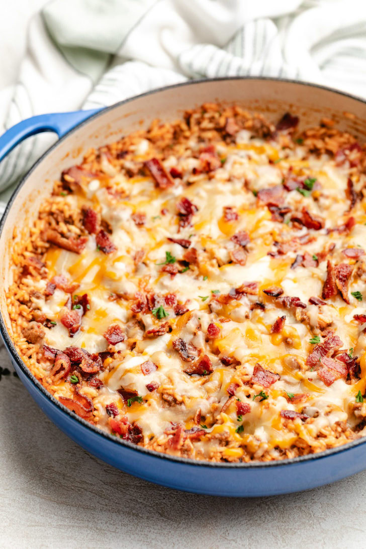 One Pan Bacon Cheeseburger Rice Skillet Crumbled bacon on cheeseburger casserole.