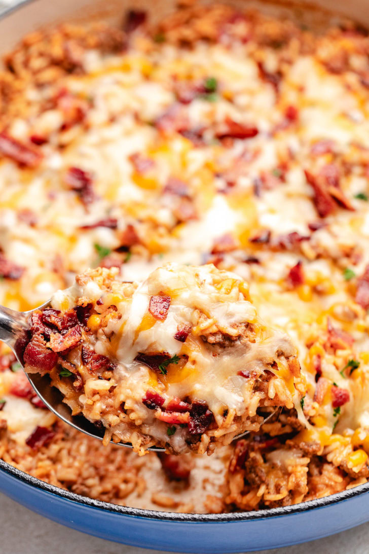 Close up view of bacon cheeseburger skillet.