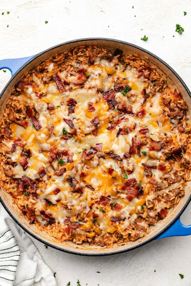Overhead view of cheesy bacon cheeseburger casserole.