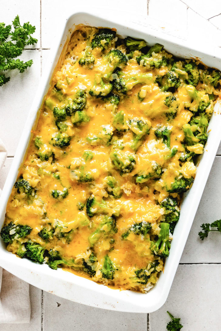 Broccoli Cheese Rice Casserole Overhead view of cheesy broccoli rice casserole.