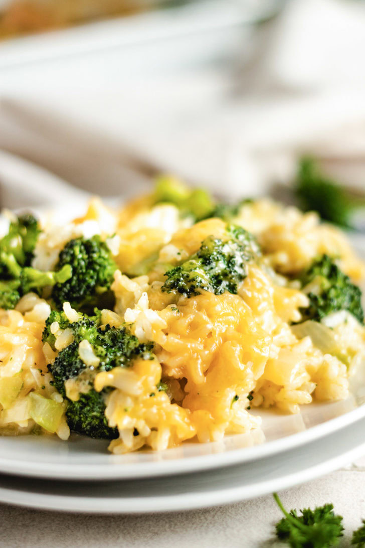 Broccoli rice casserole on a plate.