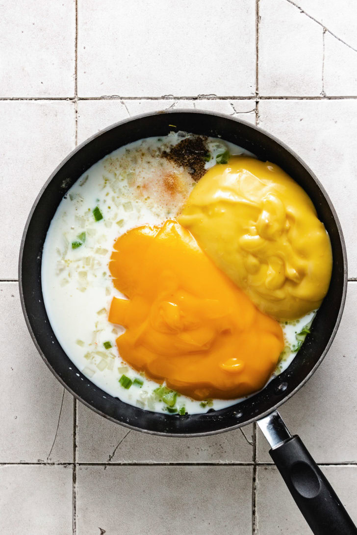 Milk and cream soups in a skillet.
