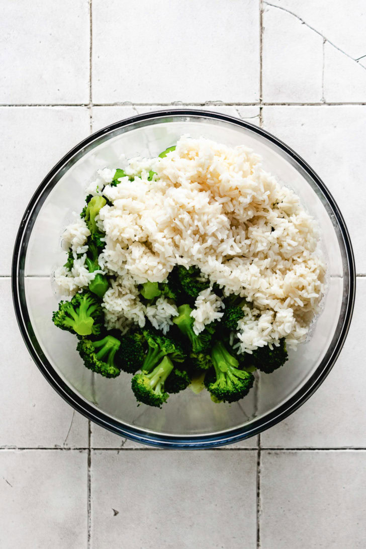 Broccoli and rice in a bowl.