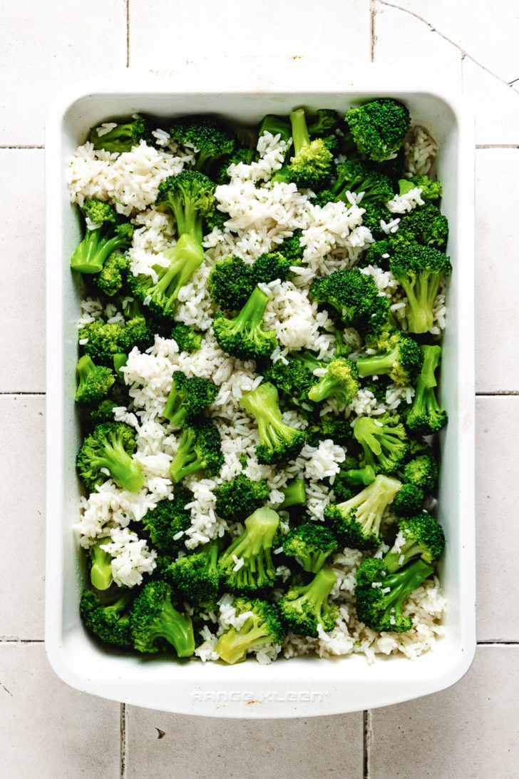 Broccoli and rice in a baking dish.