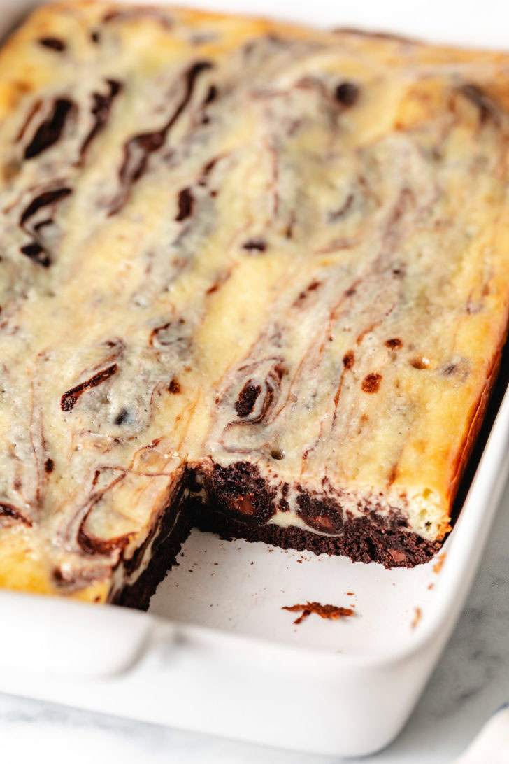 Pan of cheesecake swirl brownies.