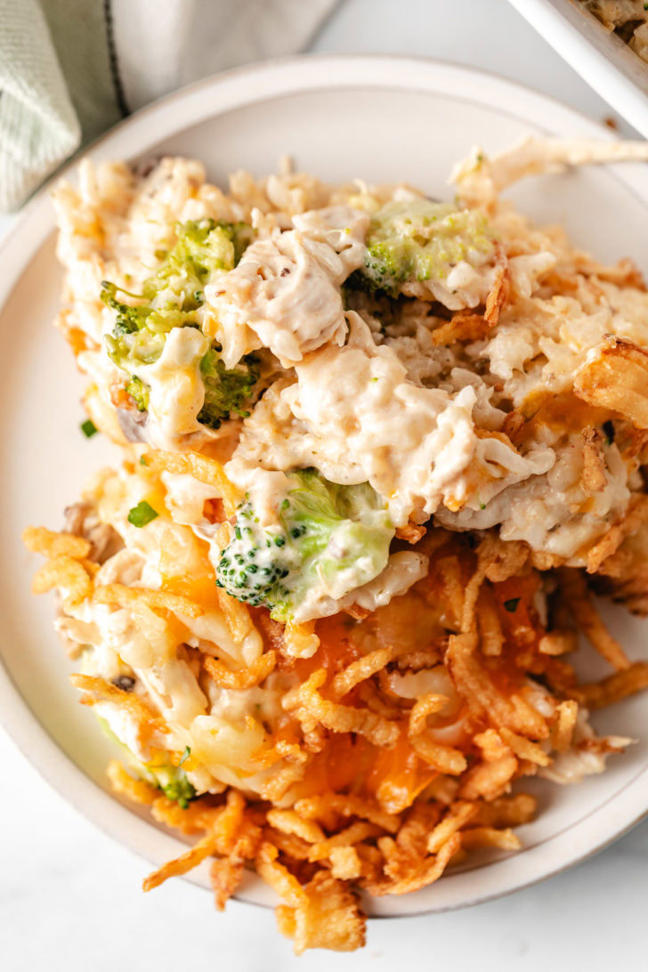Close up view chicken mushroom casserole.