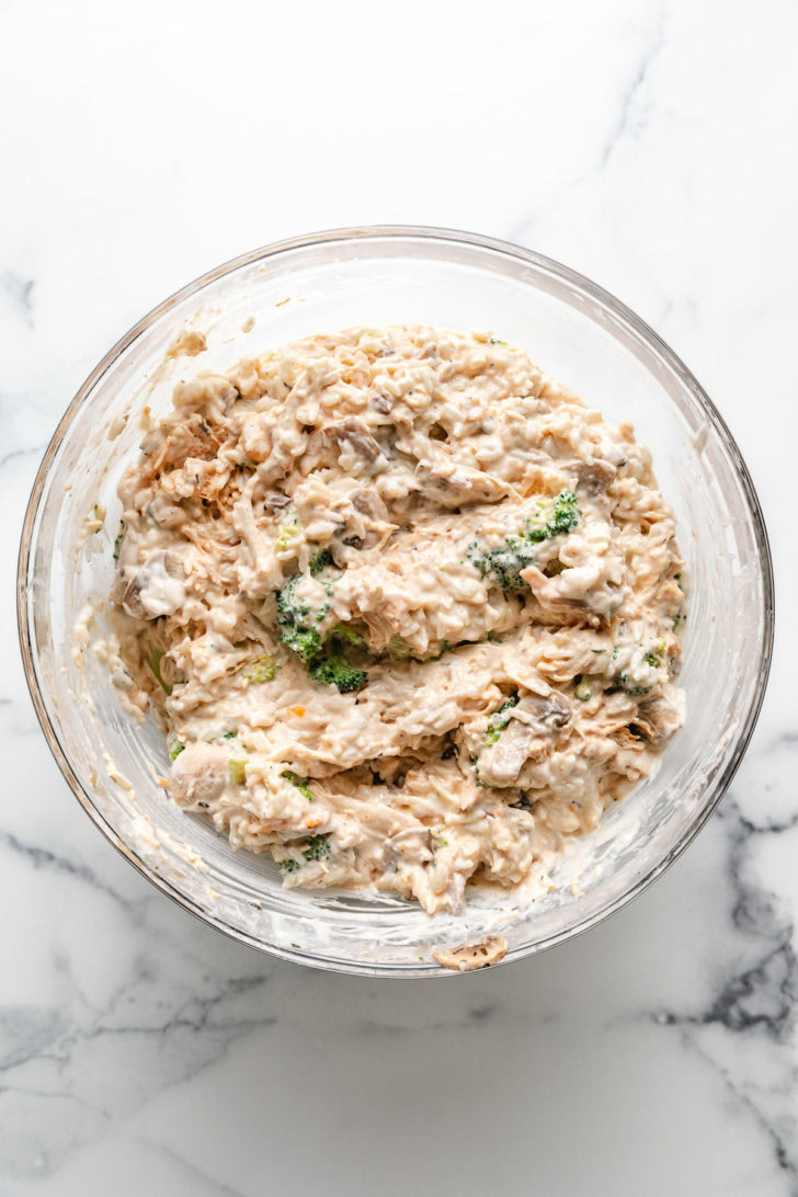 Chicken casserole mixture in a large bowl.