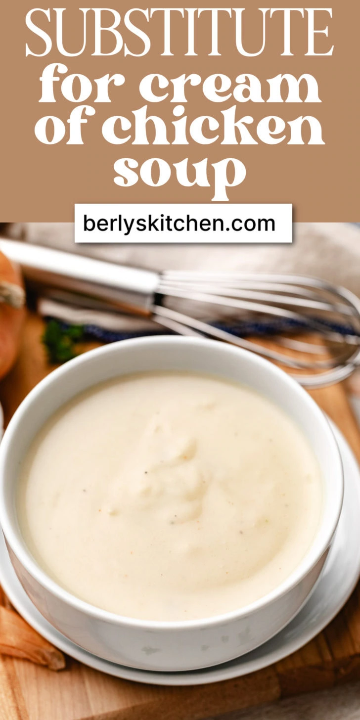 Close up view of cream of chicken soup substitute on a wooden board.