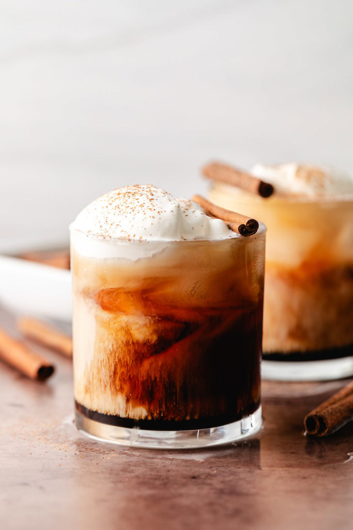 Pumpkin spice white russian in a glass.