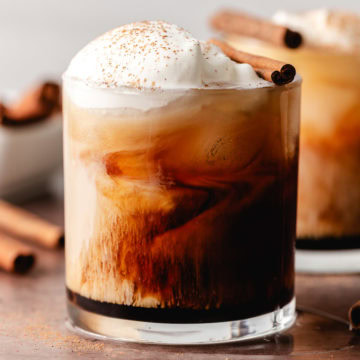 Close up view of a pumpkin spice white russian.