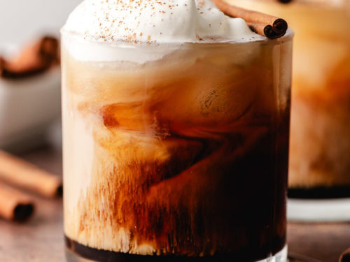 Close up view of a pumpkin spice white russian.