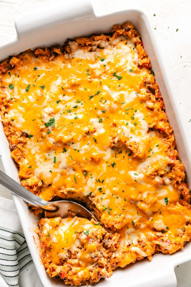 Overhead view of taco casserole.