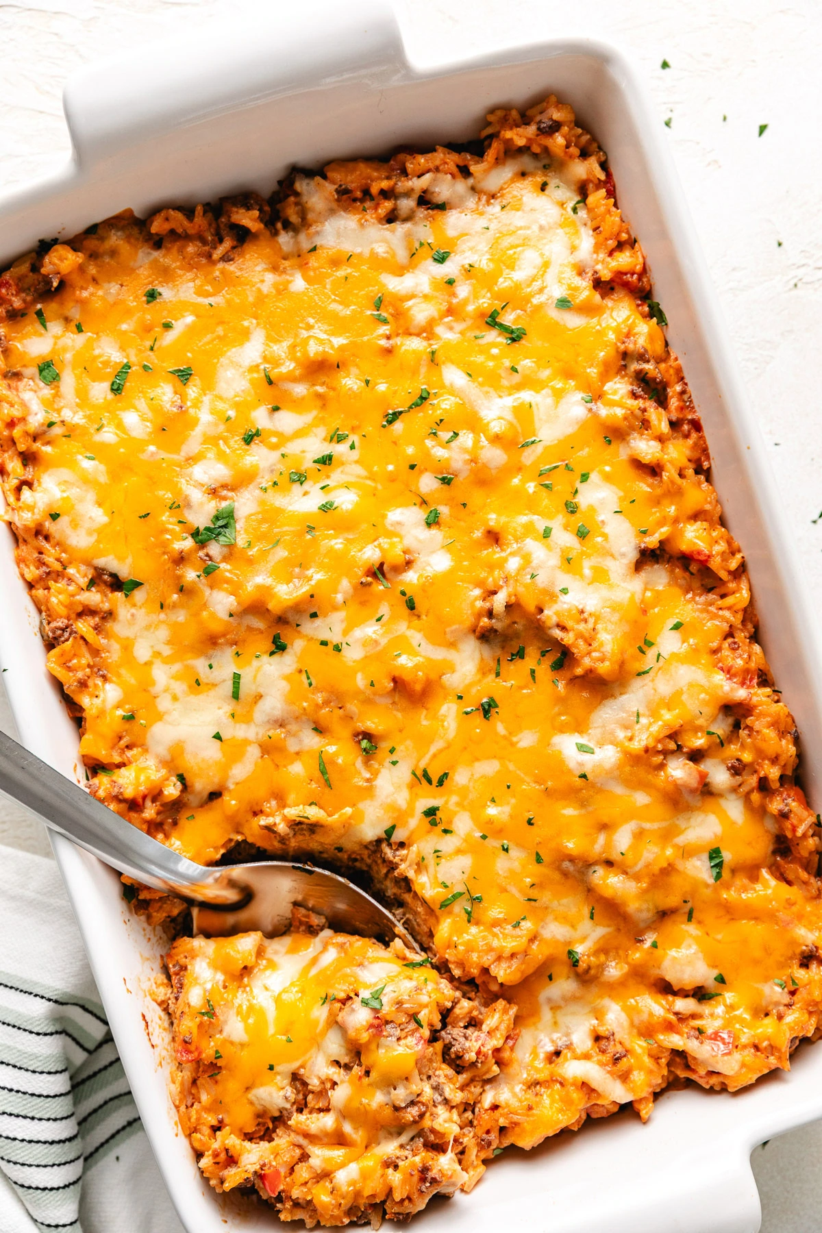 Overhead view of taco casserole.
