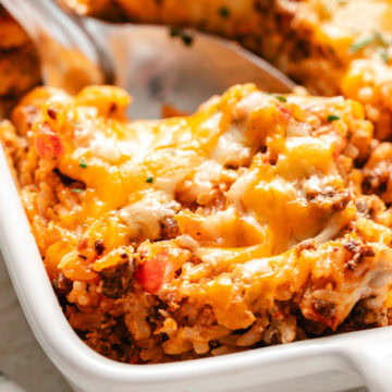 Close up view of taco bake on a spoon.